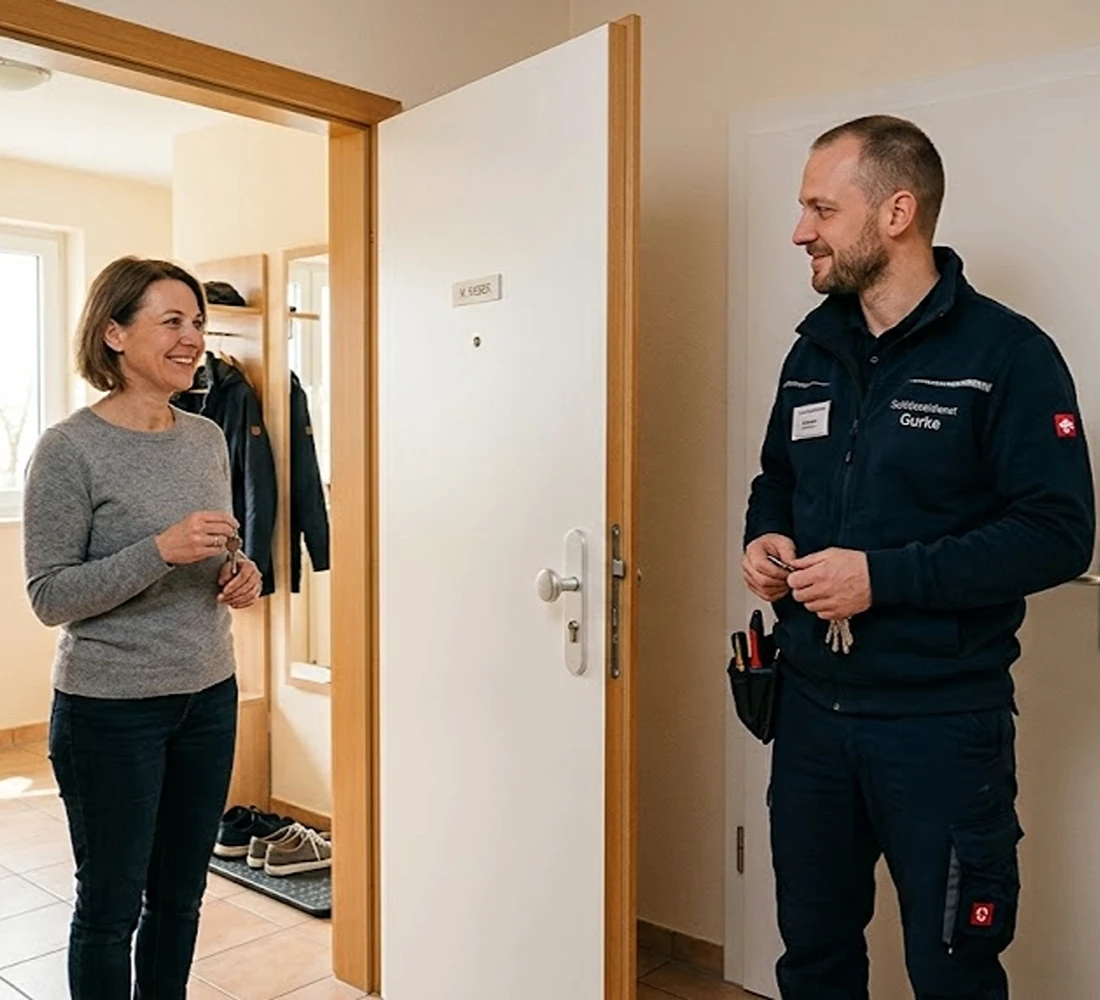 Schadenfreie Türöffnung nach Aussperrung in Passau – Gurke Schlosser Techniker an geöffneter Wohnungstür